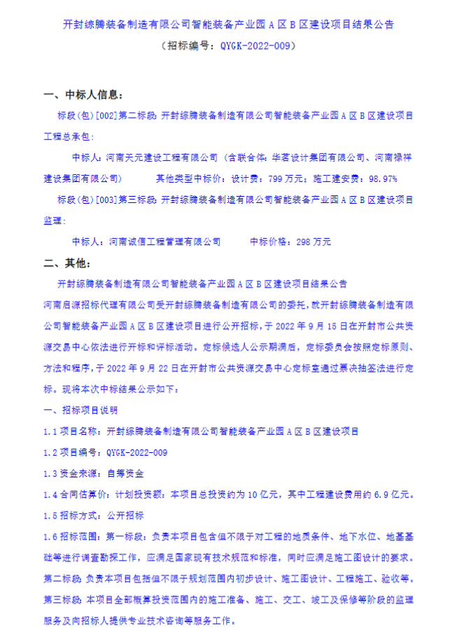 开封综腾装备制造有限公司智能装备产业园A区B区建设项目结果公告